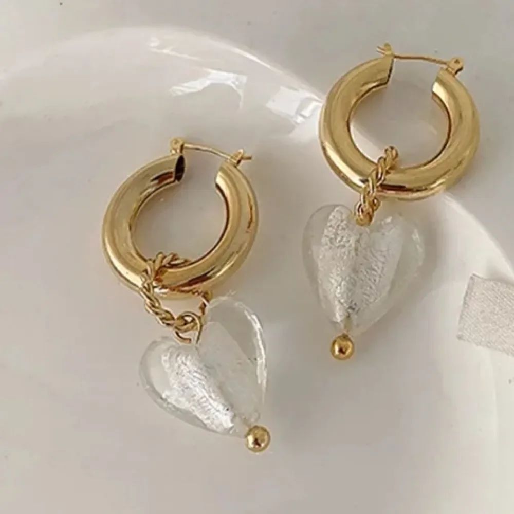 Transparent Glass Heart Gold Earrings